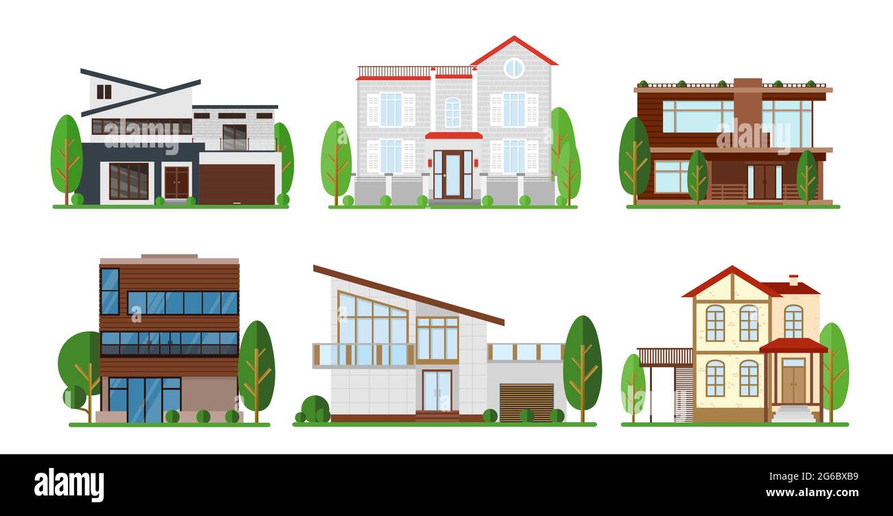Illustrazione vettoriale insieme di disegno esterno domestico. Moderno appartamento, cottage, casa di concetto cottage in design appartamento. Illustrazione Vettoriale