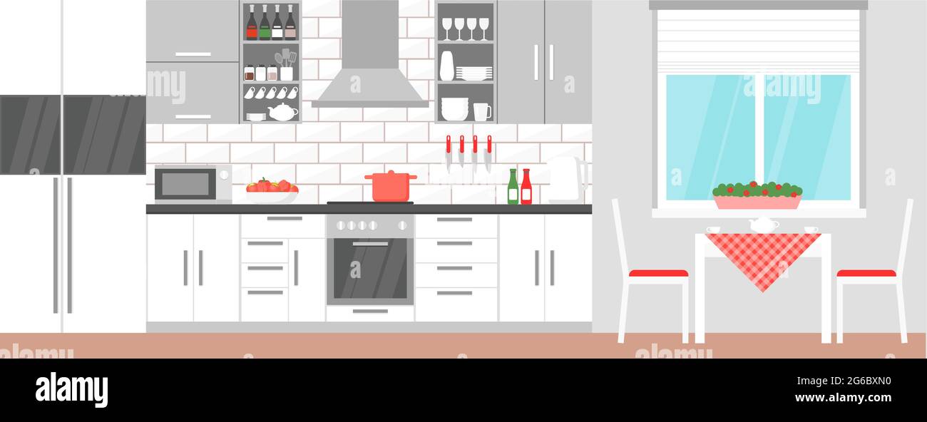 Illustrazione vettoriale degli interni moderni della cucina con tavolo da pranzo e roba per cucinare cibo, fornello, armadio, piatti e frigorifero in stile piatto. Illustrazione Vettoriale