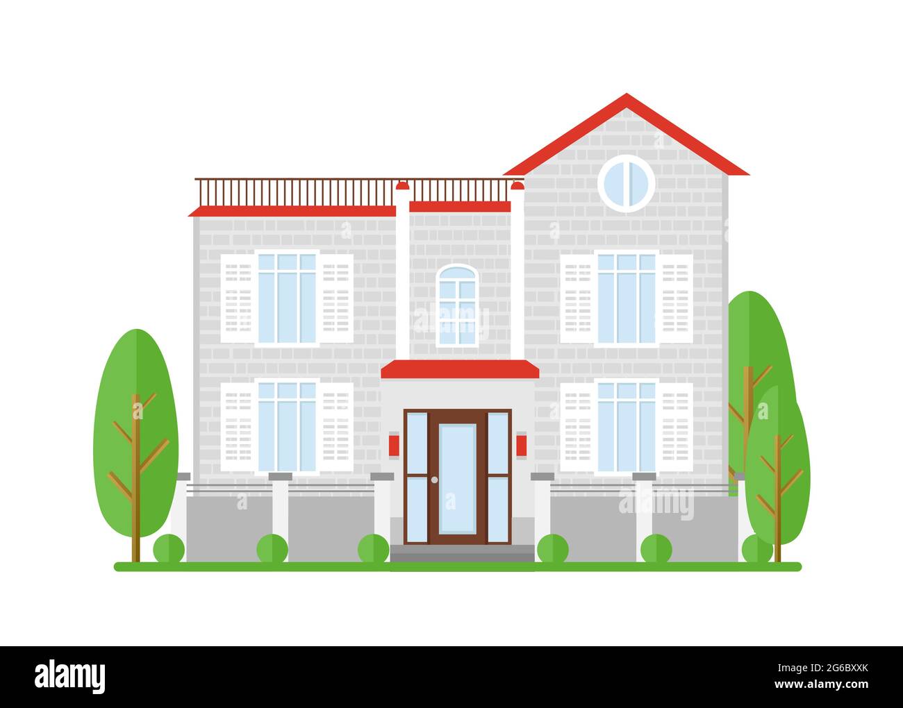 Illustrazione vettoriale di immobili, casa in vendita. Casa di sogno di famiglia. Facciata casa appartamento, cottage, costruzione in stile appartamento. Illustrazione Vettoriale