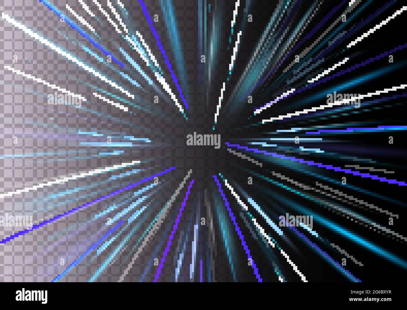 Illustrazione vettoriale di alta velocità, effetto di luce in movimento, luce con luce riflessa dell'obiettivo. Starburst spostamento veloce su sfondo trasparente. Raggi blu magici. Illustrazione Vettoriale