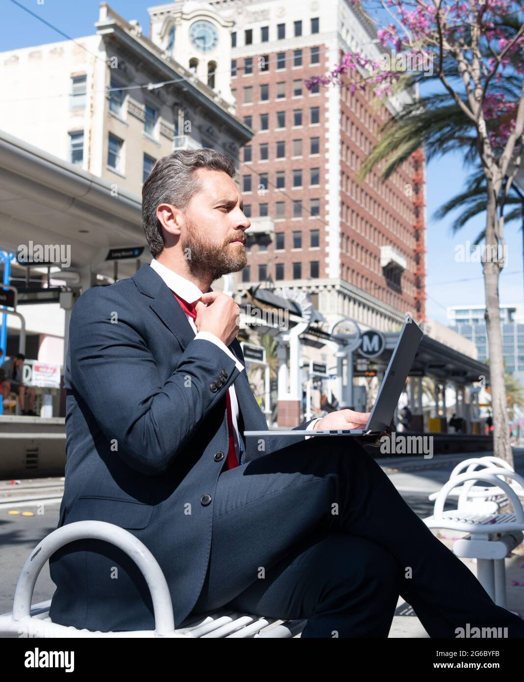 uomo d'affari maturo che lavora in linea. successo di affari. uomo di programmatore usa il pc. Foto Stock