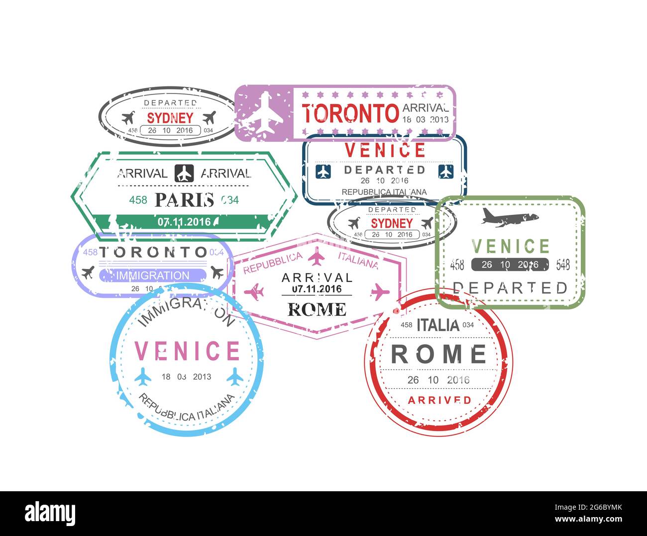 Illustrazione vettoriale dei francobolli per visti di viaggio internazionali in forma di auto composizione su sfondo bianco, concetto di viaggio. Illustrazione Vettoriale