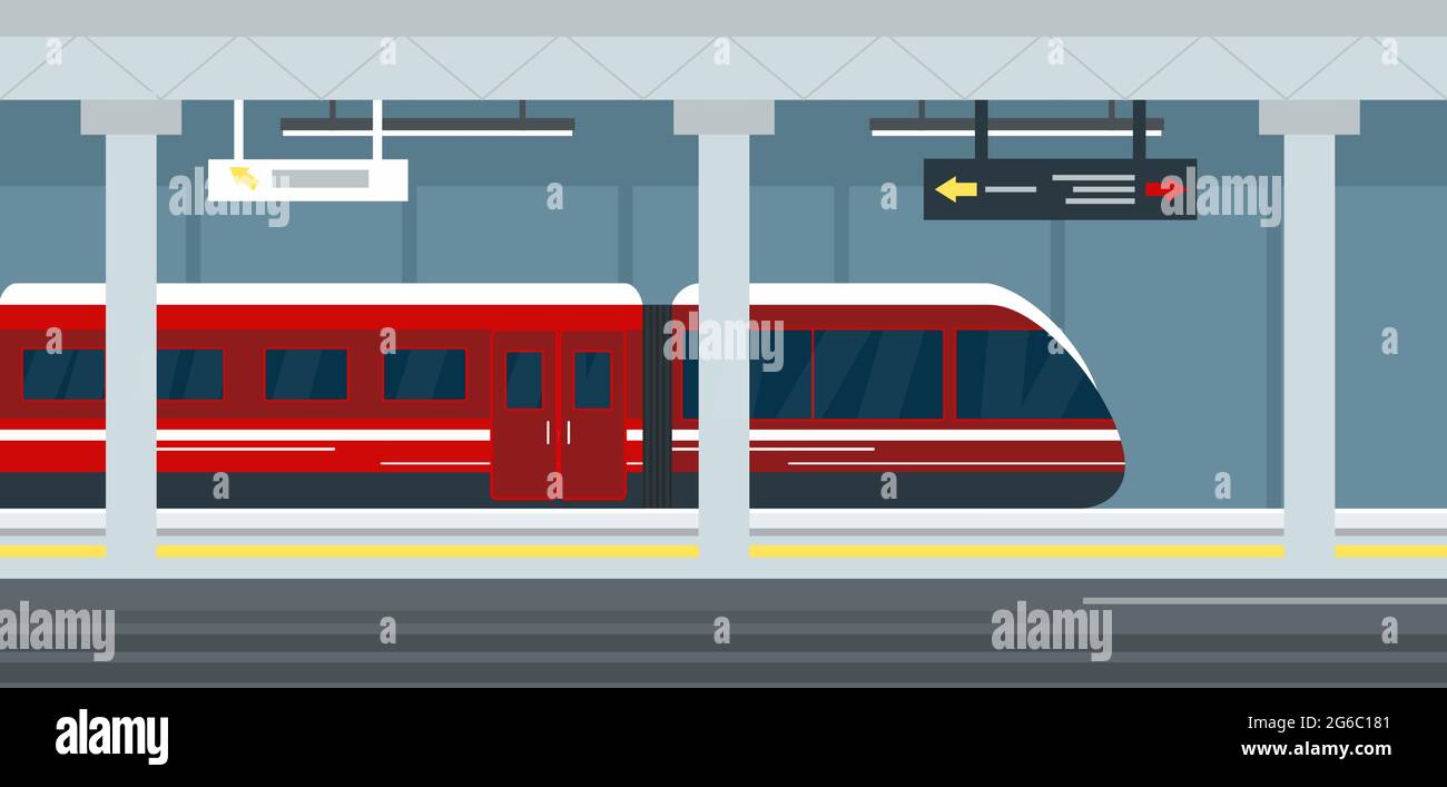Illustrazione vettoriale dell'interno della stazione della metropolitana vuota, della stazione della metropolitana, della piattaforma della metropolitana e del treno. Moderno concetto metropolitano urbano. Illustrazione Vettoriale
