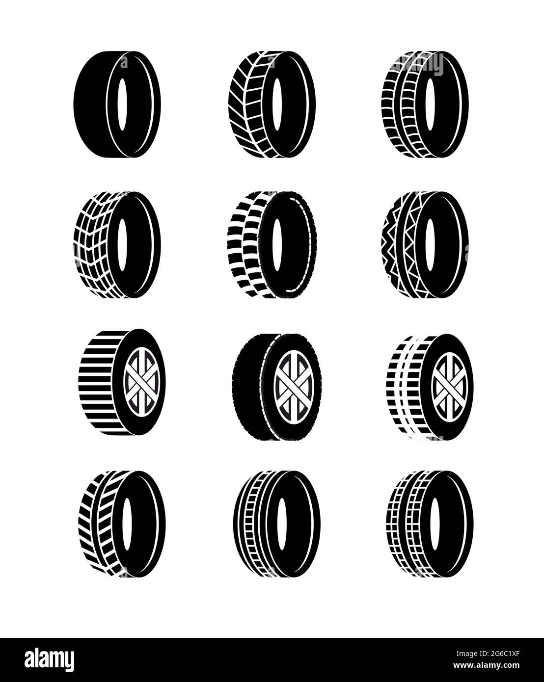 Illustrazione vettoriale insieme di icone nere di pneumatici e ruote su sfondo bianco. Diversi simboli e loghi dei pneumatici delle ruote. Illustrazione Vettoriale
