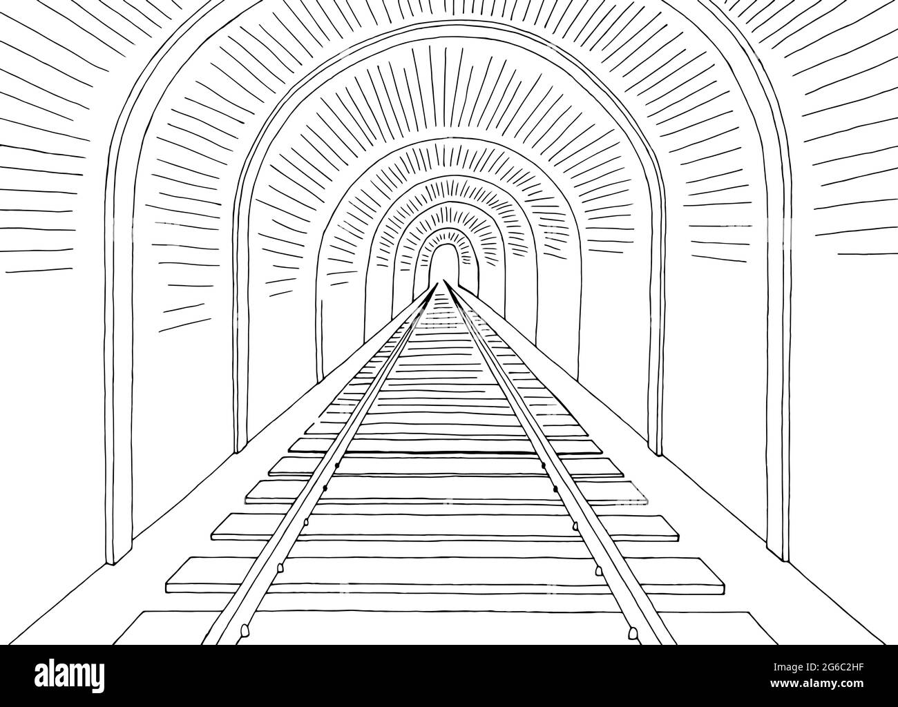 Train tunnel exit railroad graphic black white sketch illustration vettoriale Illustrazione Vettoriale
