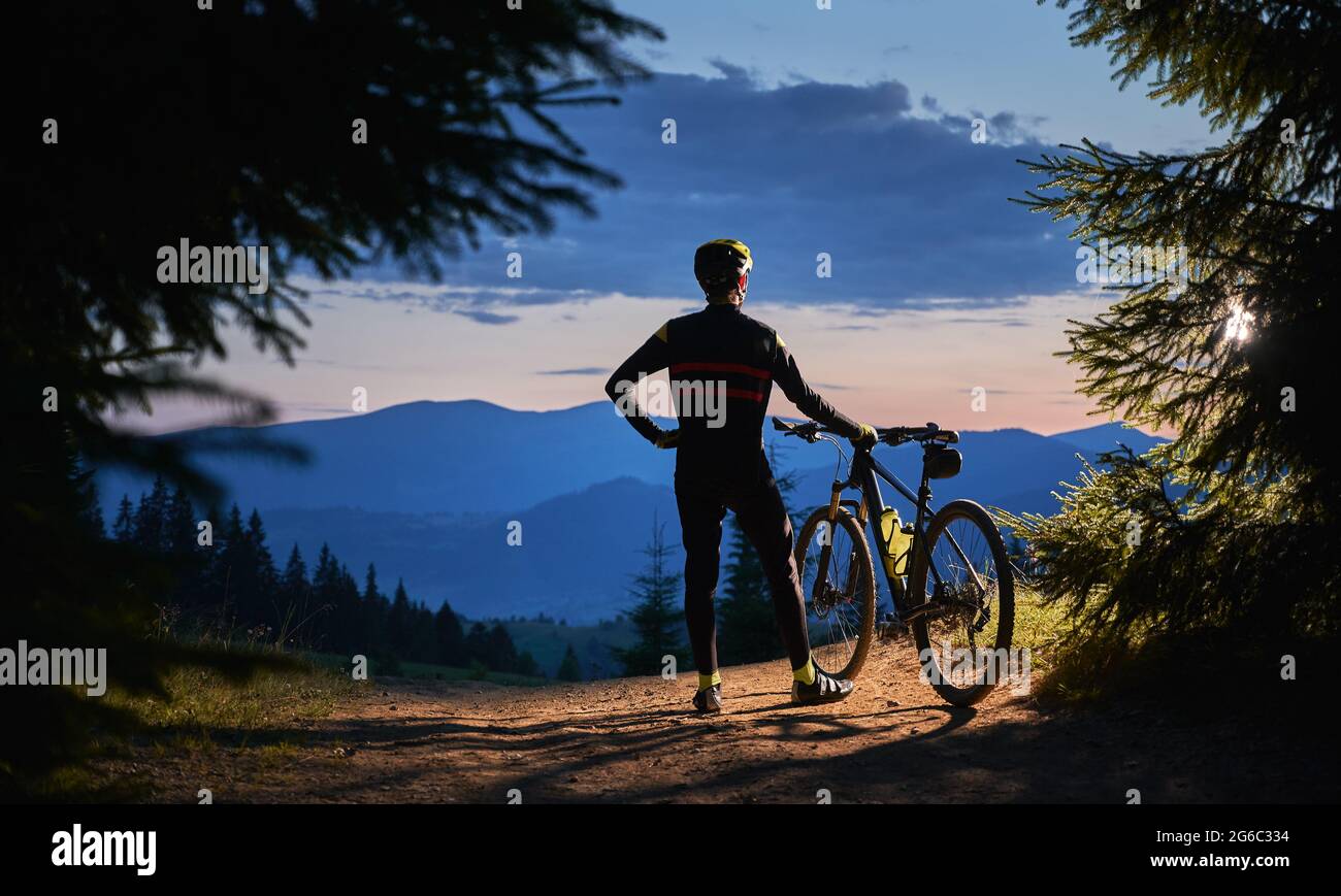 Vista posteriore sul ciclista maschile in piedi tenendo la sua bicicletta, guardando bellissimo paesaggio, montagne cime e tramonto, circondato da spruces in serata. Concetto di stile di vita attivo Foto Stock