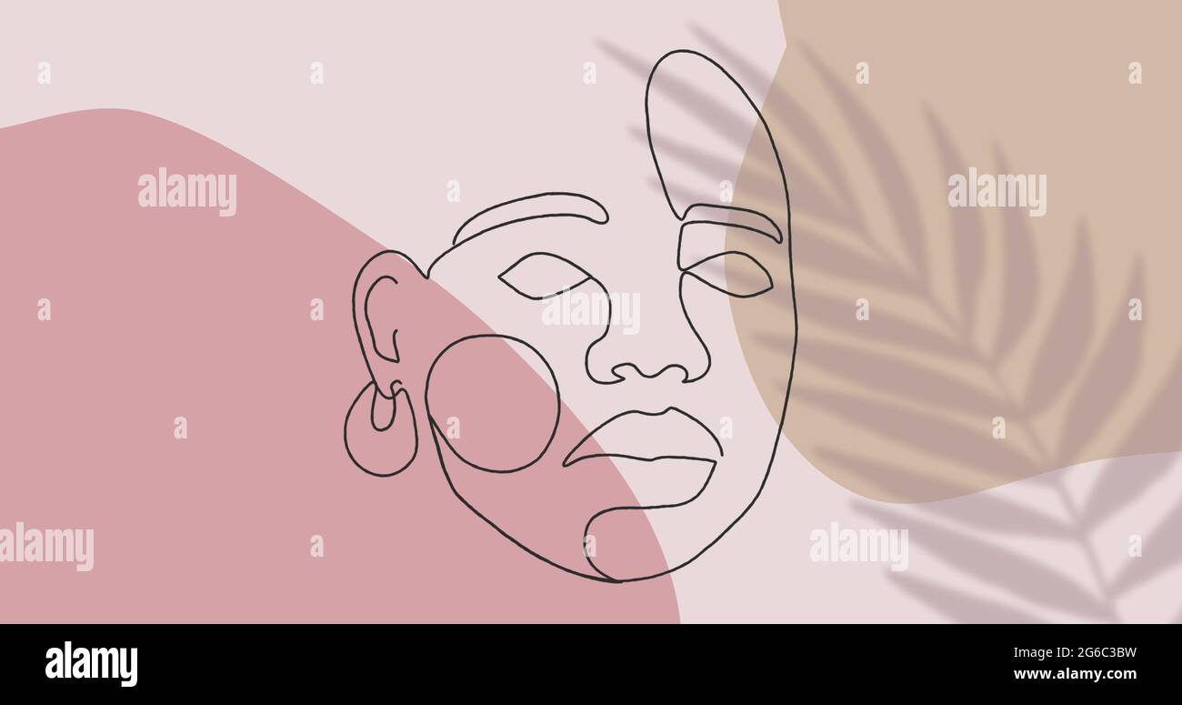 Immagine del disegno di faccia in contorno nero contro foglia in movimento su sfondo rosa pastello Foto Stock