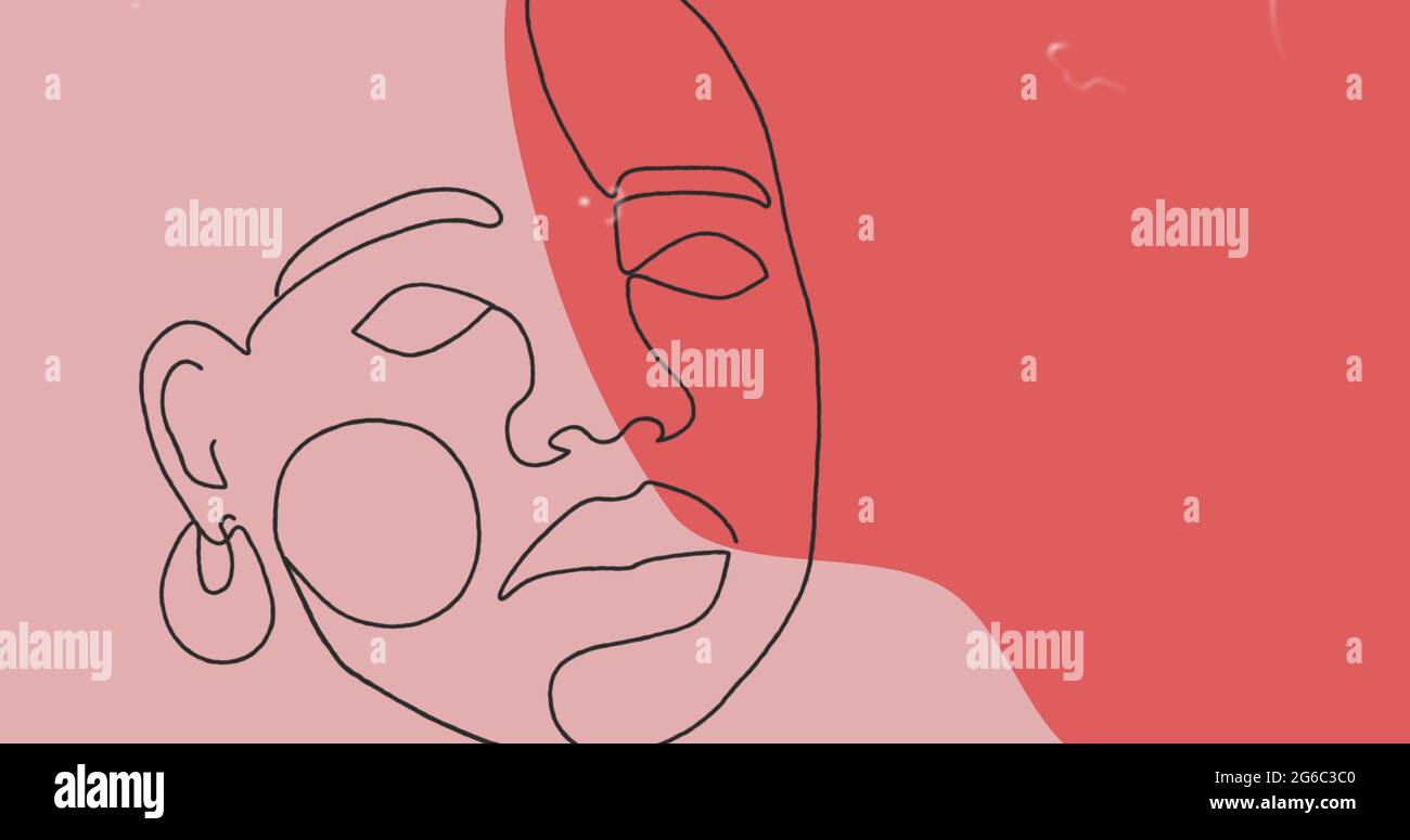 Immagine del disegno del volto in contorno nero su sfondo rosa pastello e rosso Foto Stock