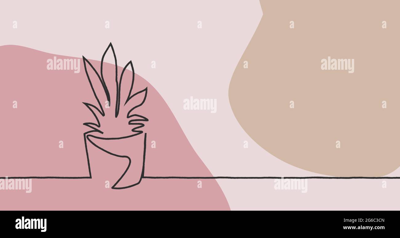 Immagine di disegno di pianta in contorno nero su sfondo rosa pastello e marrone Foto Stock