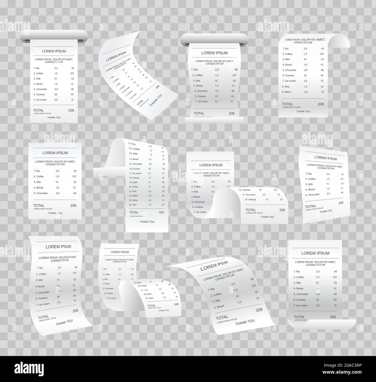 Illustrazione vettoriale insieme di assegni cartacei realistici, fatture, ricevute varie e fatture stampate su sfondo trasparente. Illustrazione Vettoriale