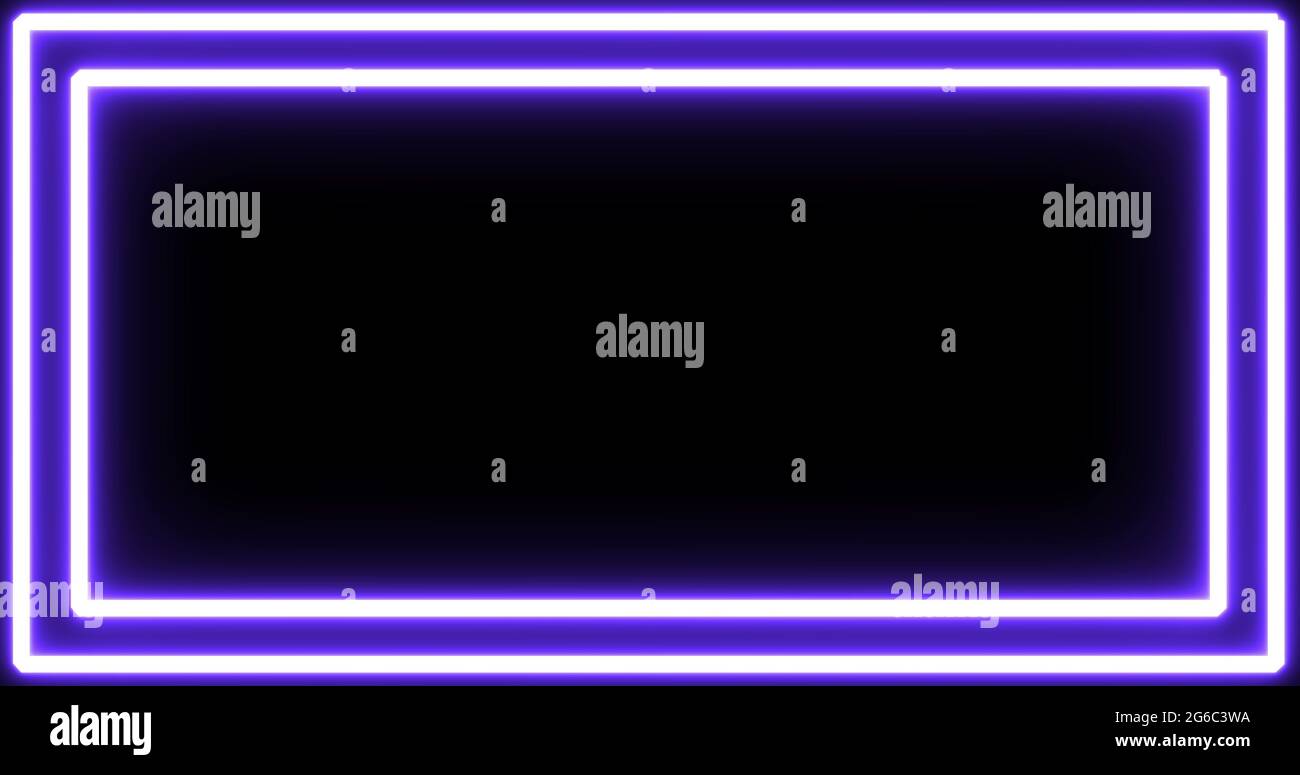 Immagine di una cornice viola al neon incandescente che sfarfalla sul loop senza interruzioni su sfondo nero Foto Stock