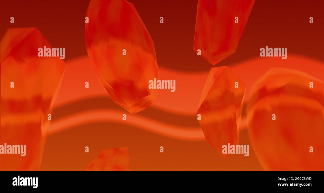 Forme organiche crytalline traslucide arancioni che ruotano su uno sfondo arancione ondulato Foto Stock