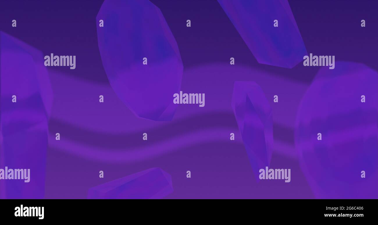 Forme organiche crytalline traslucide viola che ruotano su uno sfondo viola Foto Stock