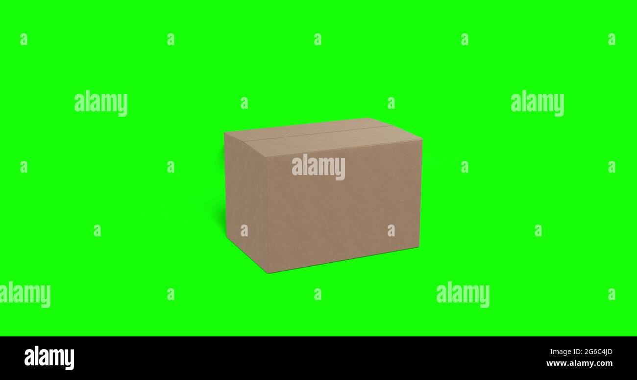 Scatola di cartoncino marrone che si muove rapidamente in shot e si apre su sfondo verde dello schermo Foto Stock