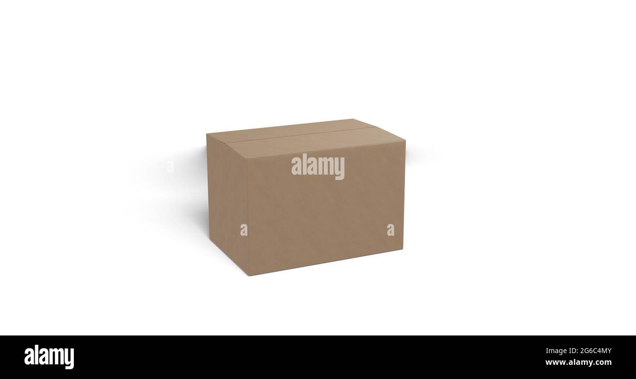 Scatola marrone del cartoncino che si muove rapidamente in shot e si apre su sfondo bianco Foto Stock