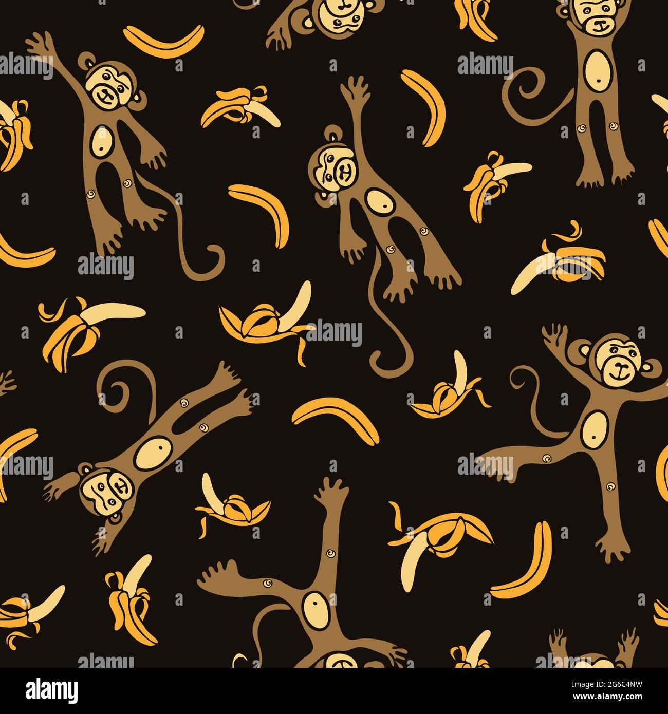 Modello vettoriale senza cuciture con scimmie divertenti e banane su sfondo nero. Carino animale carta da parati design per i bambini. Tessuto moda bambini. Illustrazione Vettoriale
