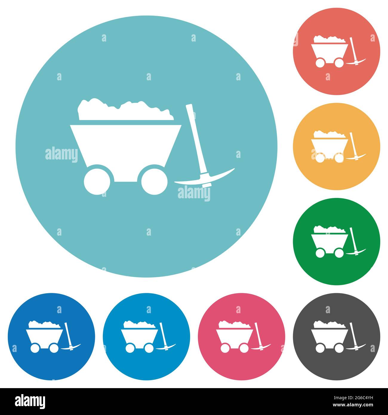 Caricato il carrello della miniera e piccone bianco piatto icone su sfondi rotondi di colore Illustrazione Vettoriale