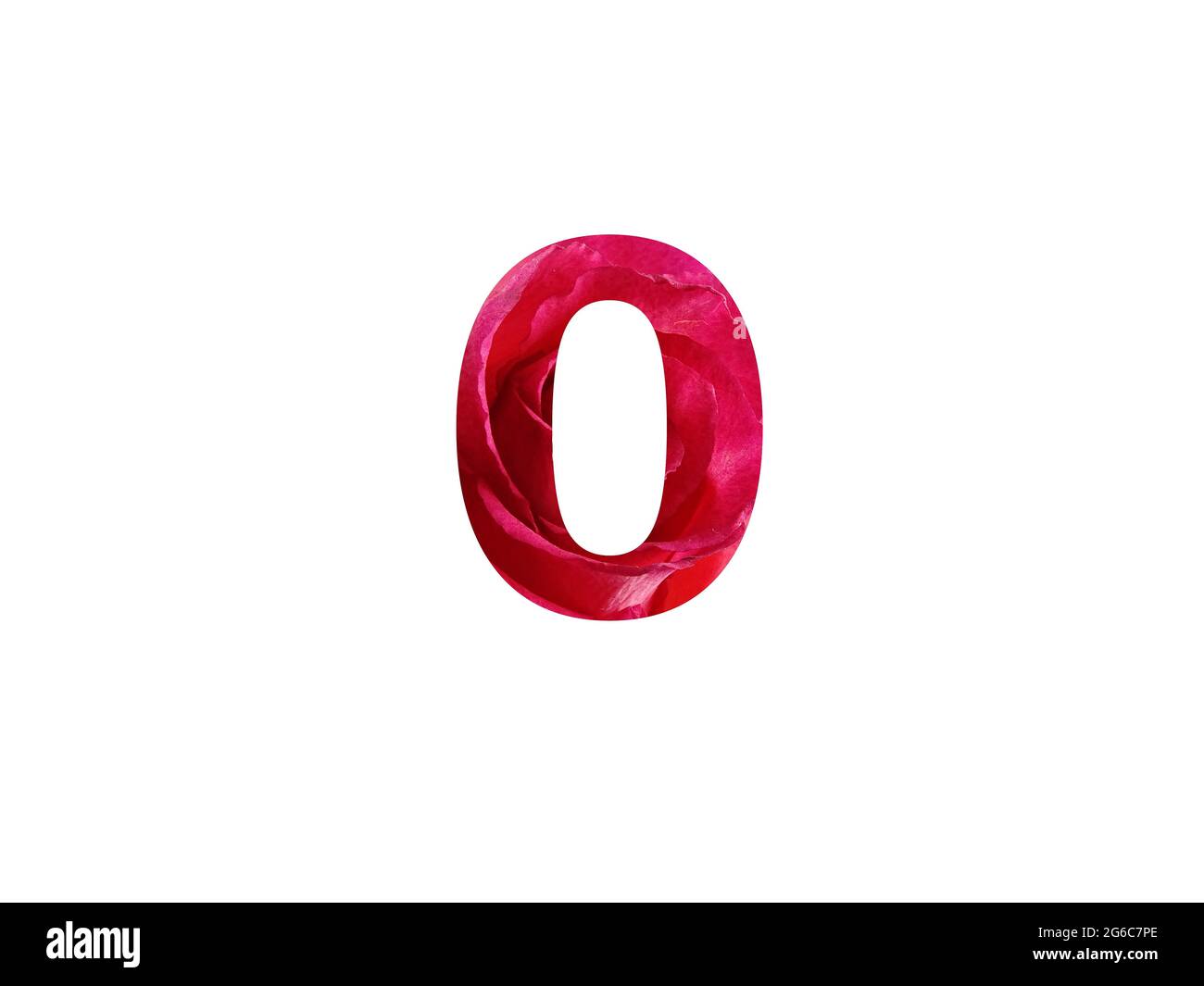 Numero 0 dell'alfabeto fatto con una foto di una rosa rossa, isolata su sfondo bianco Foto Stock