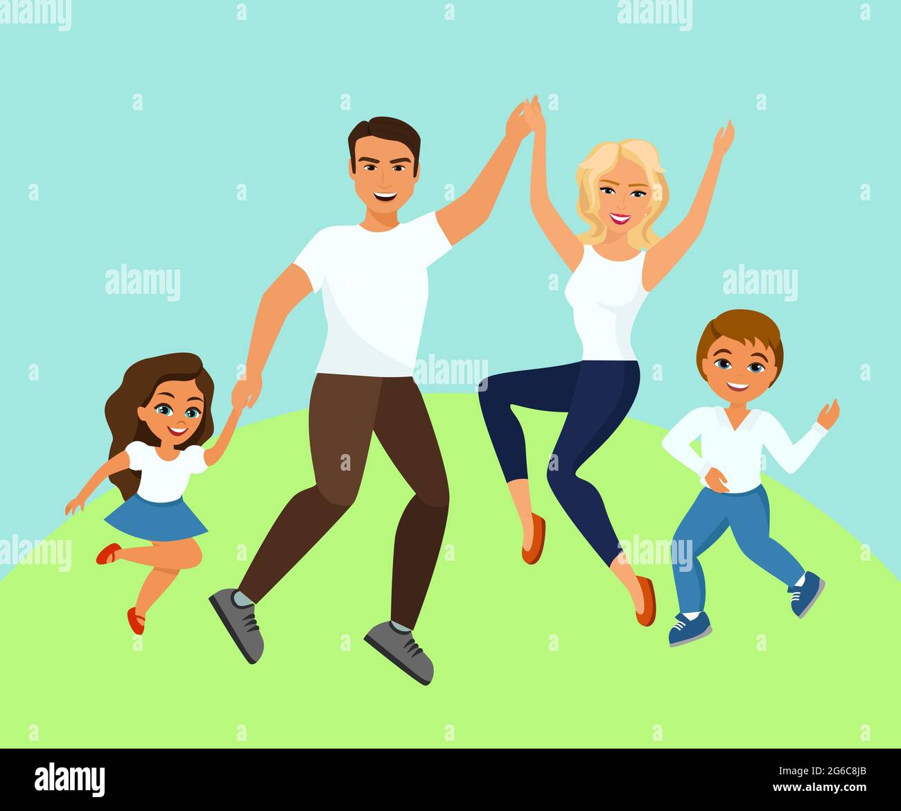 Illustrazione vettoriale del gioioso salto di famiglia. Felice e sorridente papà mamma figlia e figlio che tiene le mani saltato in cartoon disegno piatto. Illustrazione Vettoriale