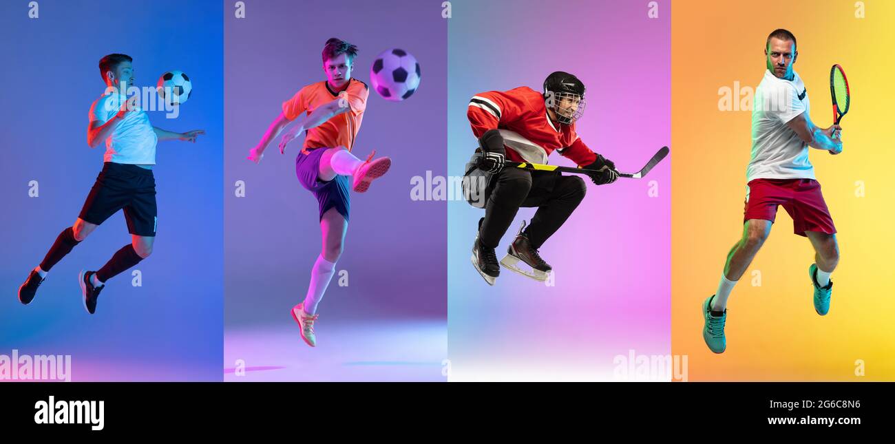 Collage di diversi sportivi professionisti, misura persone isolate su sfondo a colori. Volantino. Foto Stock