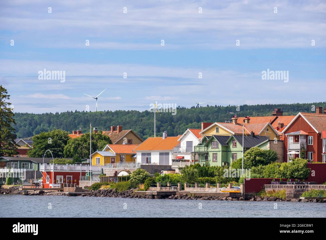 Case sul lungolago in Svezia Foto Stock