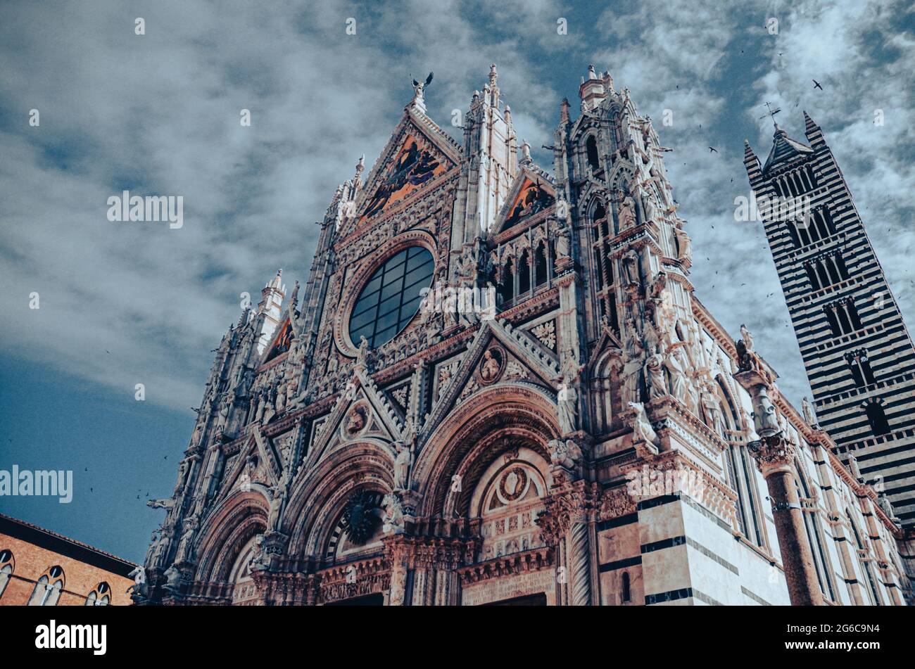 Visita alla Cattedrale di Siena. Tempo meraviglioso e un bel cielo blu. Foto Stock