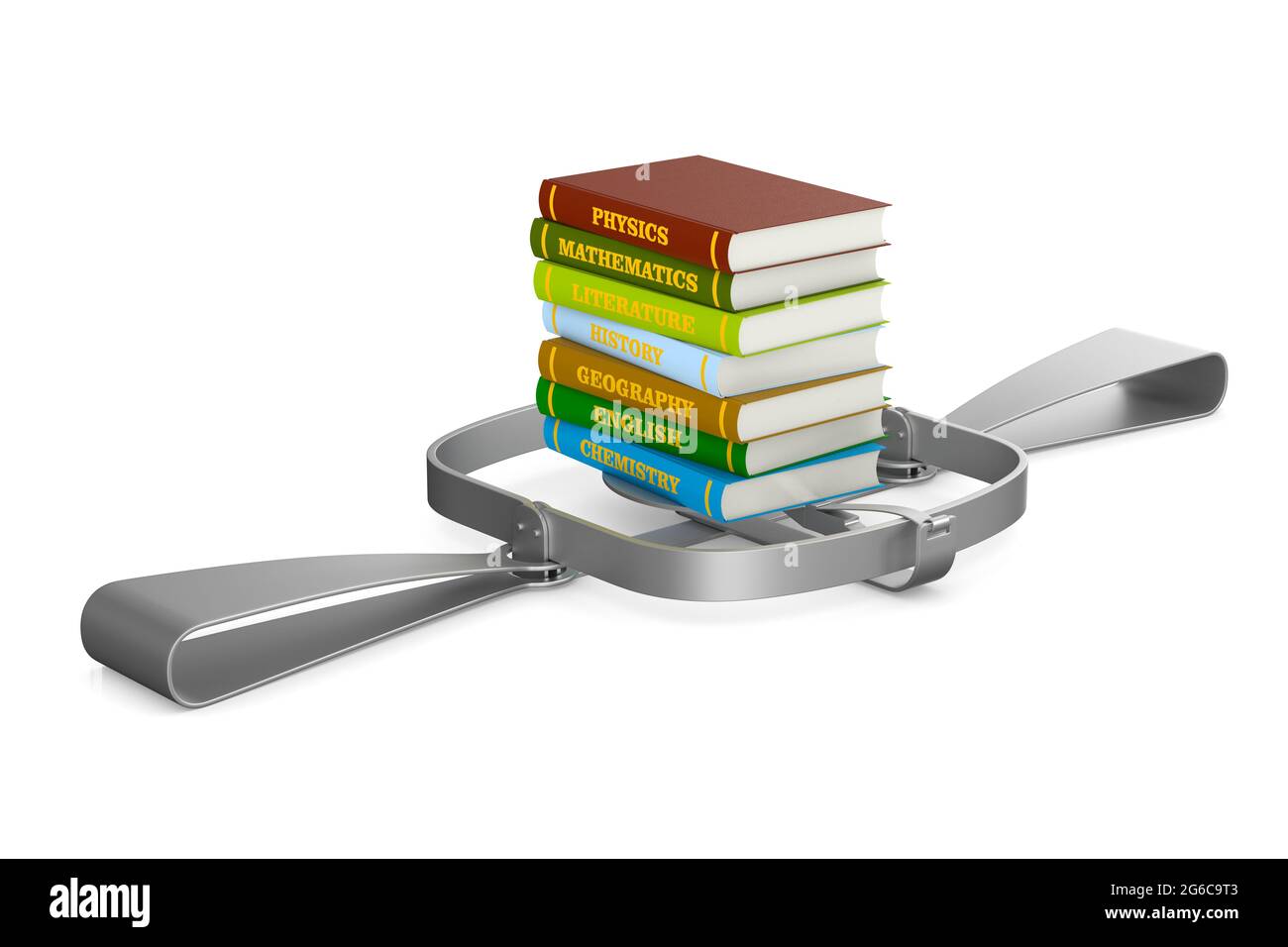 trappola per orsi e pila di libri di testo con copertina rigida su sfondo bianco. Illustrazione 3D isolata Foto Stock