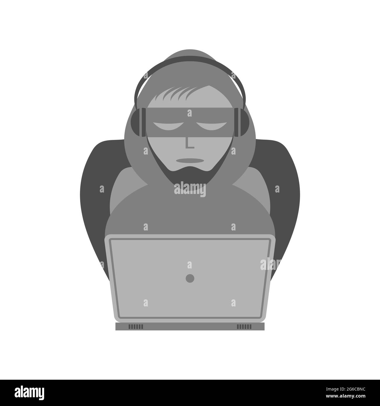 Hacker con icona del portatile isolata su sfondo bianco Foto Stock