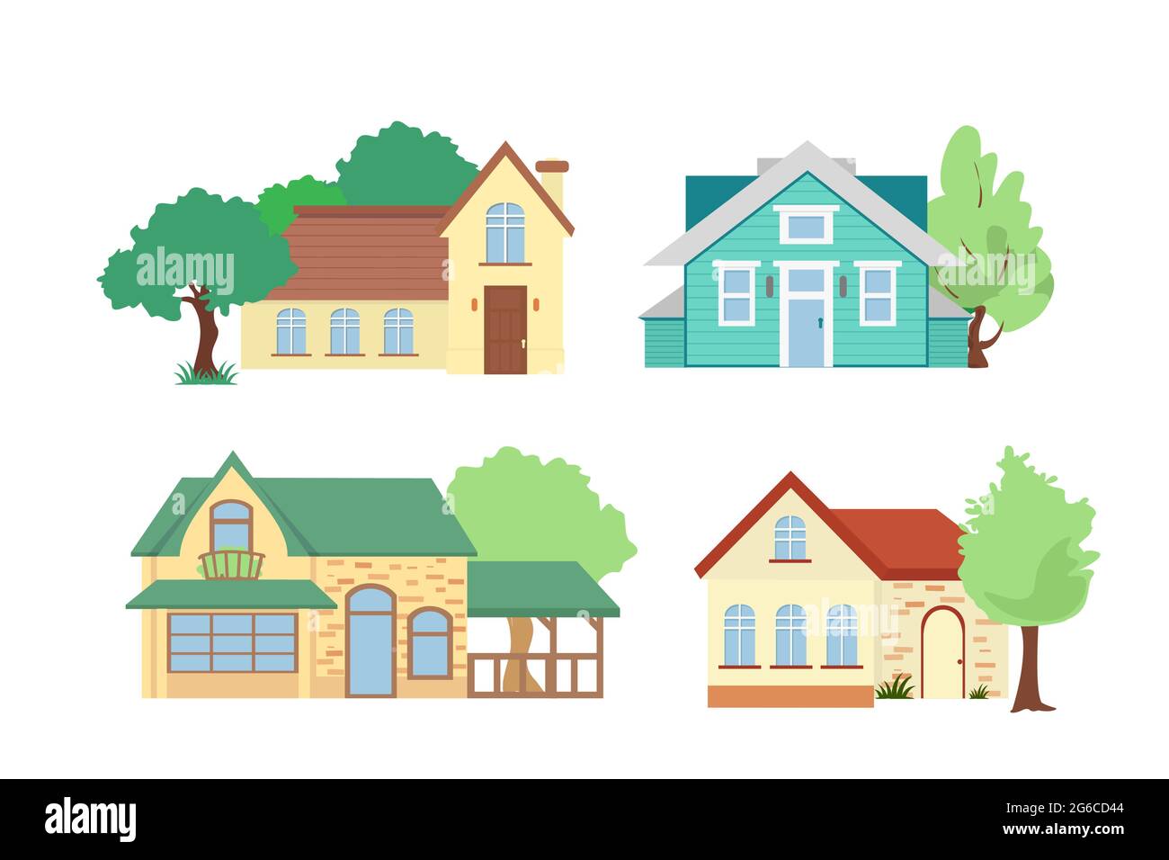 Illustrazione vettoriale insieme di case cottage con alberi su sfondo bianco in stile cartoon piatto. Illustrazione Vettoriale