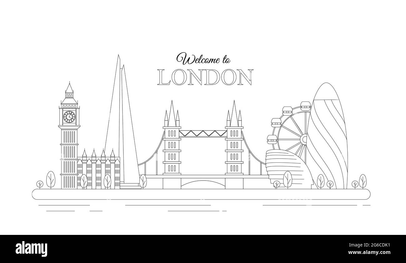 Illustrazione vettoriale del concetto di design di linea di Londra. Moderna città di Londra con gli edifici più famosi. Grafico a linea piatta su sfondo bianco. Illustrazione Vettoriale Illustrazione vettoriale del concetto di design di linea di Londra. Moderna città di Londra con gli edifici più famosi. Grafico a linea piatta su sfondo bianco. Illustrazione Vettoriale