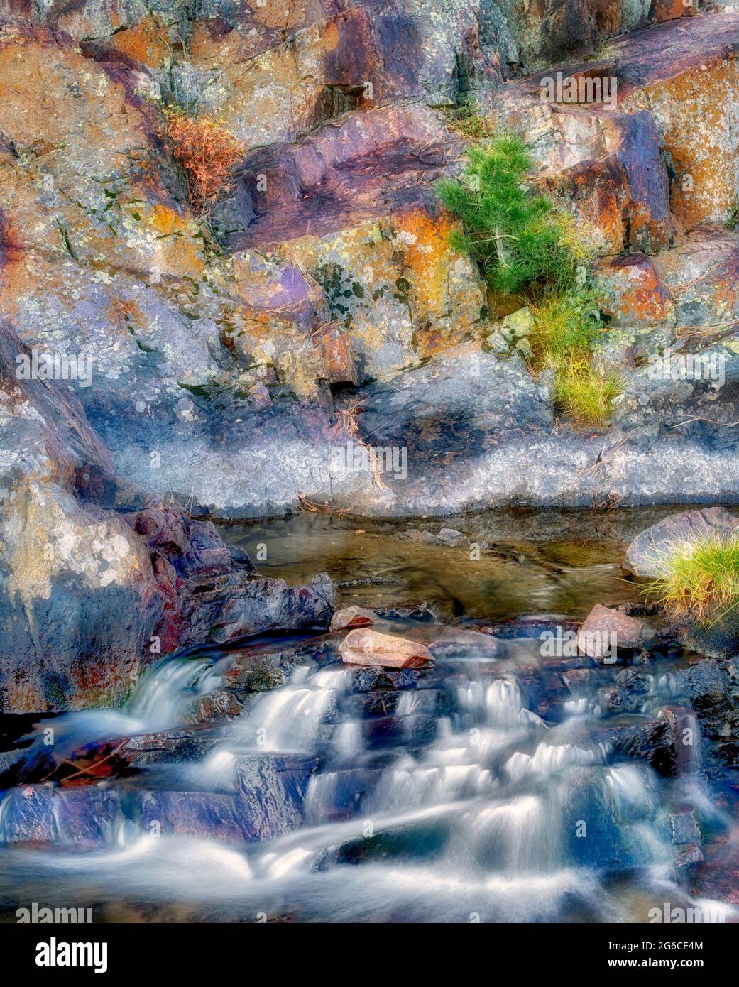 Di piccole dimensioni con waterfal lichen coperto le rocce su Glen Torrente alpino caduto vicino Lago di foglia. California Foto Stock