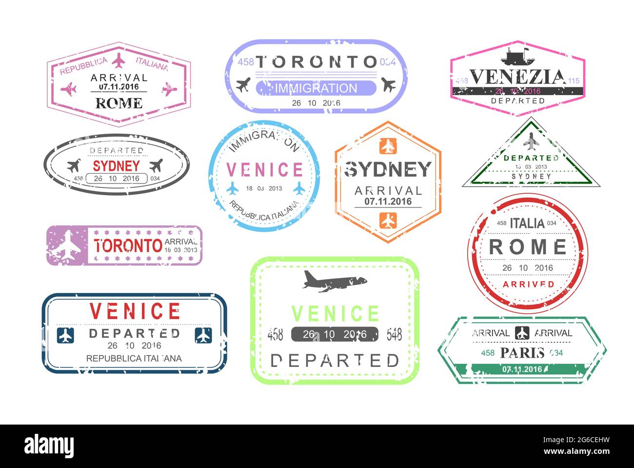 Illustrazione vettoriale Set di visti isolati francobolli di arrivo e partenza, segno turistico, documento di arrivo, tema aeroporto, concetto di viaggio. Illustrazione Vettoriale