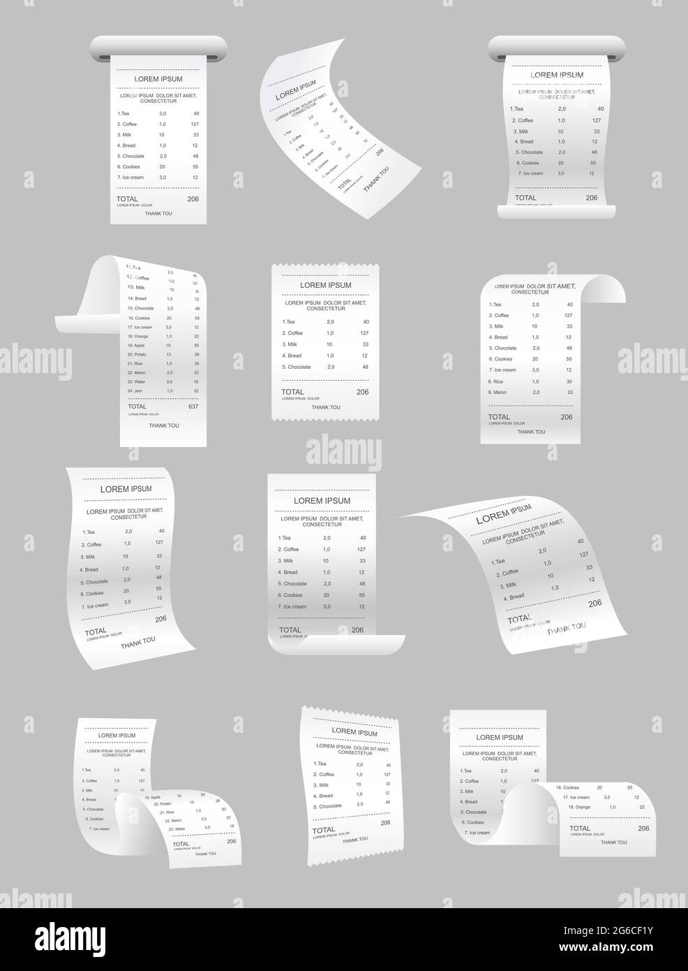 Illustrazione vettoriale insieme di controlli di stampa della carta ed elementi vettoriali delle fatture. Oggetto isolato biglietto al dettaglio, fattura atm realistica, fattura finanziaria su grigio Illustrazione Vettoriale