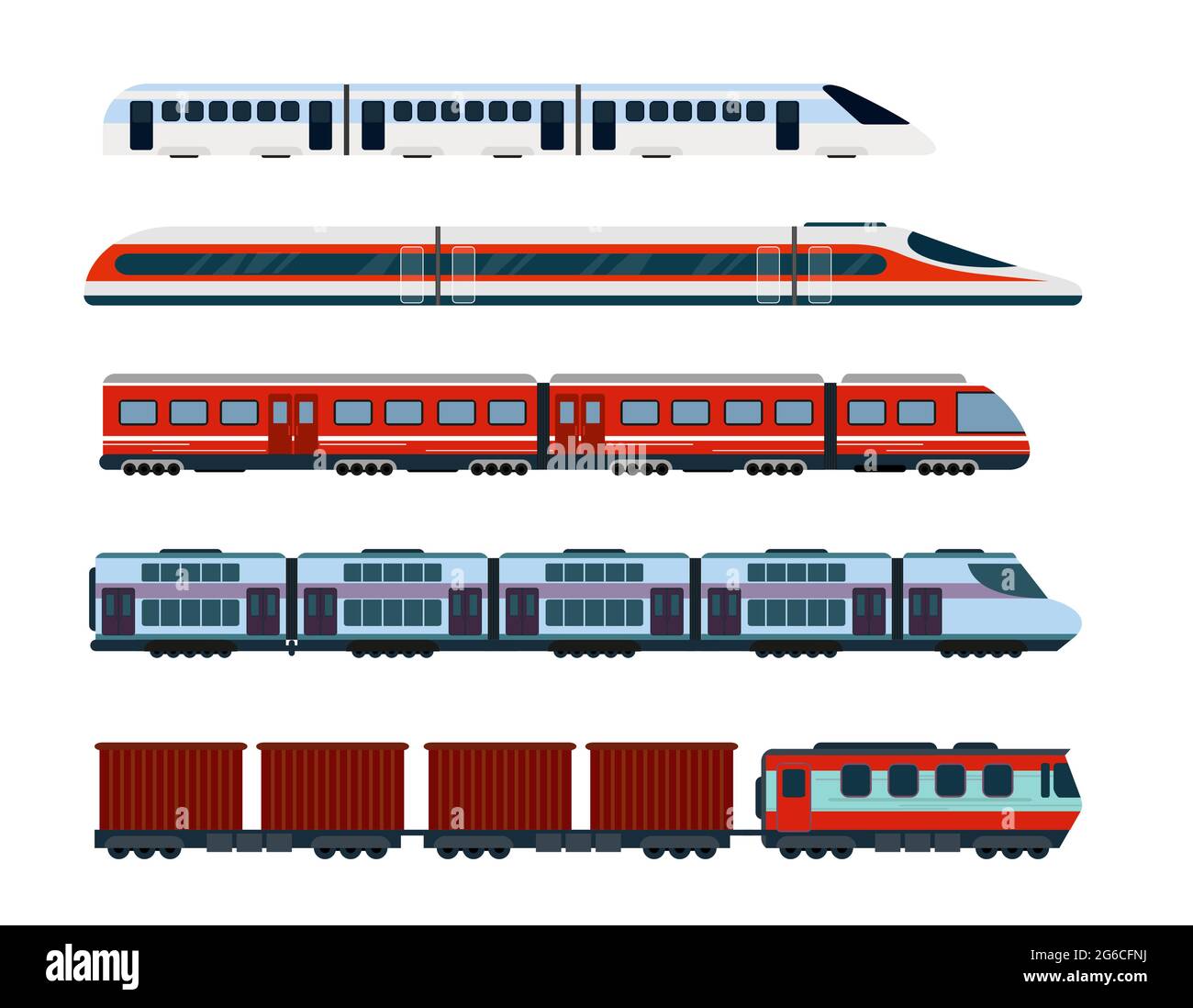 Illustrazione vettoriale di treni passeggeri moderni. Trasporto in metropolitana, treni ad alta velocità e metropolitana. Treno della metropolitana in stile piatto. Illustrazione Vettoriale