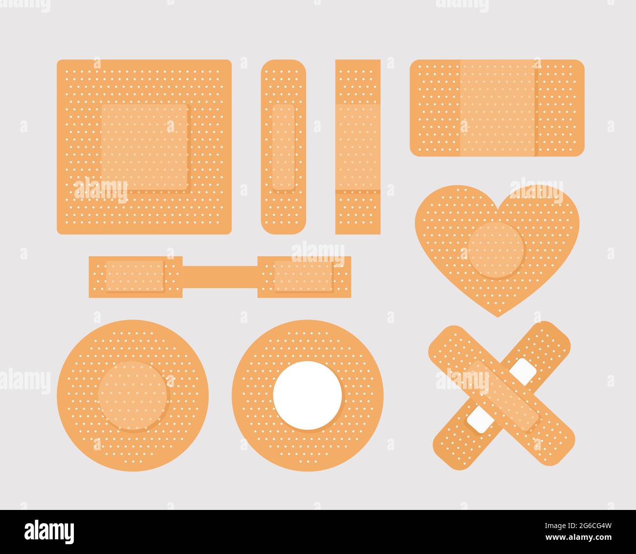Illustrazione vettoriale Set di strisce di cerotti di pronto soccorso in diverse forme, collezione di icone di cerotti medici. Striscioni a croce, cuore e scatola di cerotti. Illustrazione Vettoriale