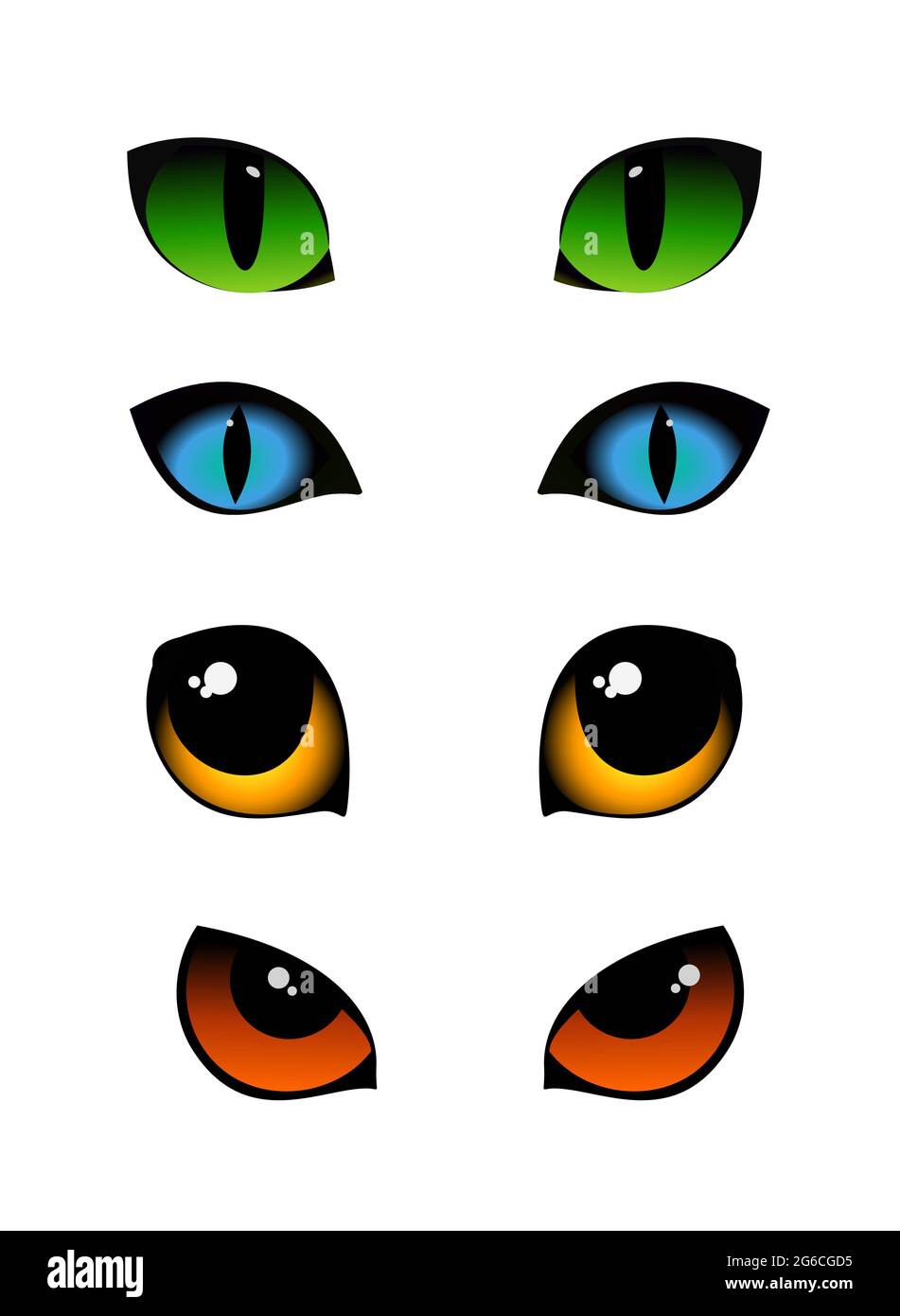 Illustrazione vettoriale insieme di emozioni gatto occhi in diversi colori isolati su sfondo bianco. Occhi di gatti verdi, blu e gialli. Illustrazione Vettoriale