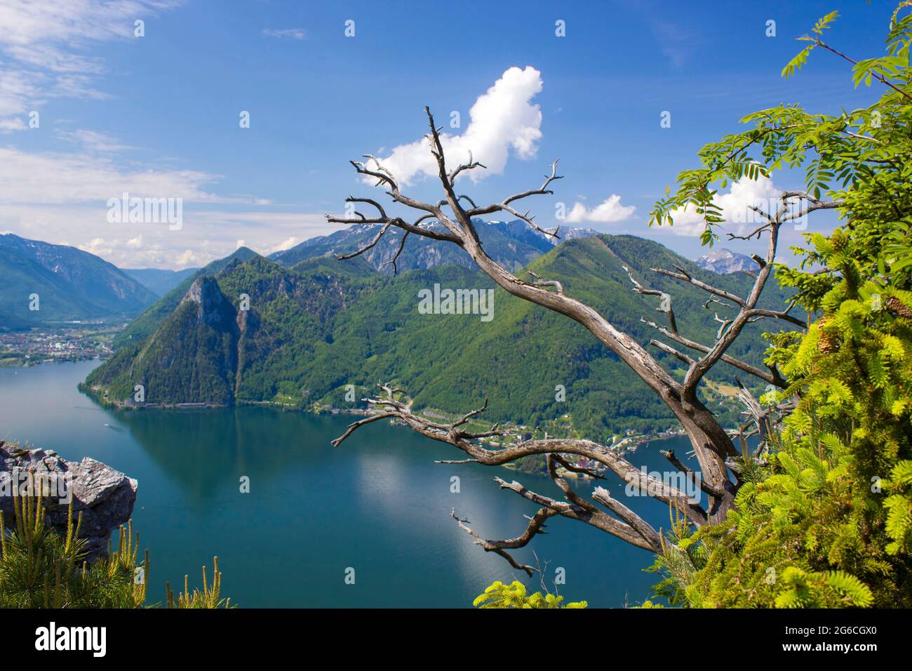Lago Traunsee con le Alpi dalla collina Kleiner Schonberg. Austria paesaggio. Austria superiore, Austria Foto Stock