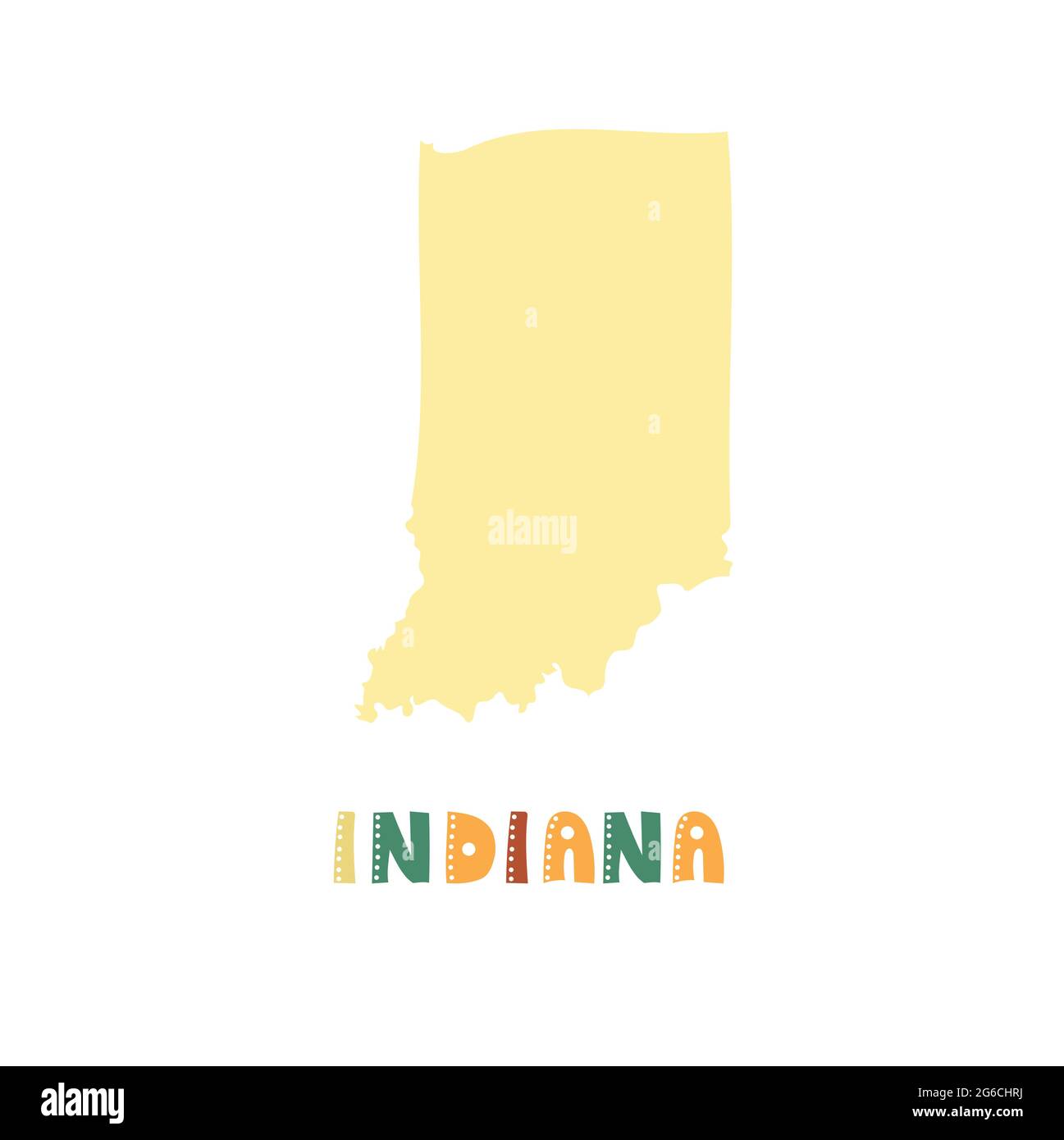 Mappa Indiana isolata. Collezione USA. Mappa dell'Indiana - silhouette gialla. Scritta doodling su bianco Illustrazione Vettoriale
