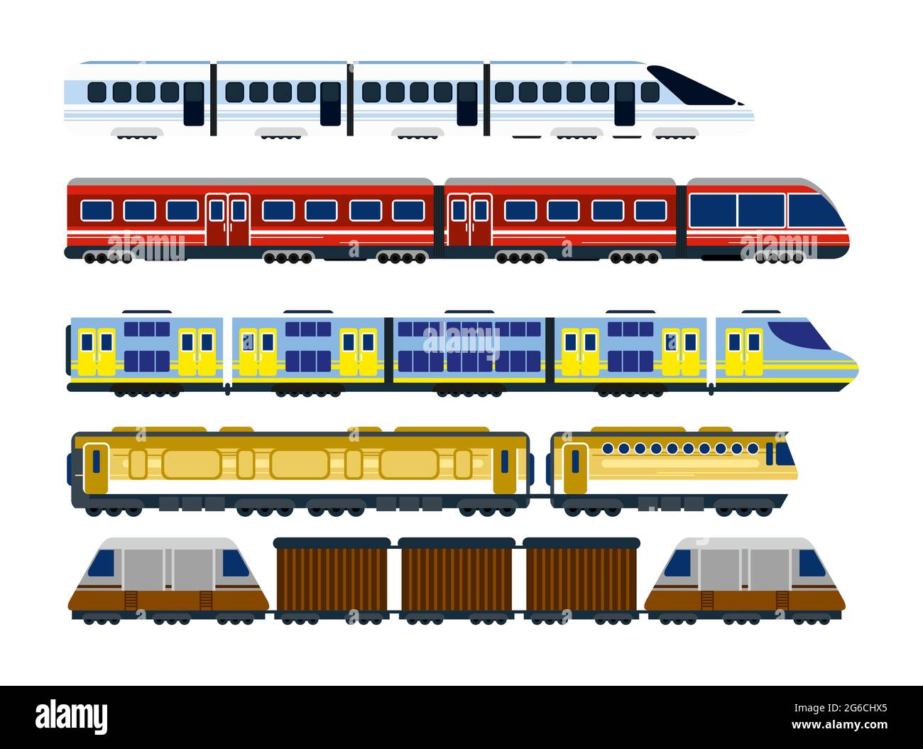 Illustrazione vettoriale di una collezione di locomotive ferroviarie moderne, di carri passeggeri e di treni di velocità in stile cartoon piano. Illustrazione Vettoriale