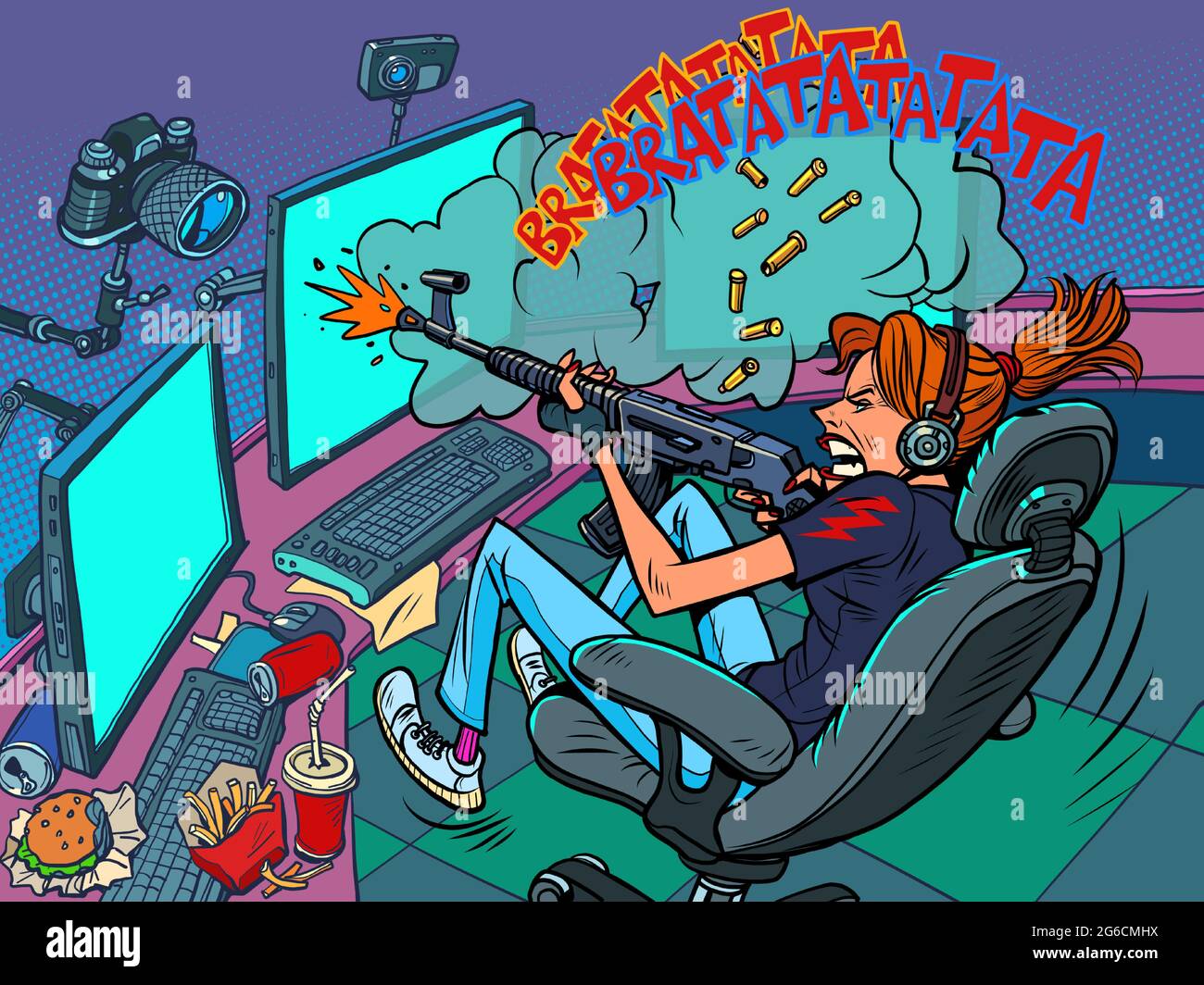 gamer girl streamer, online broadcast. tiro da armi virtuali, torneo Illustrazione Vettoriale