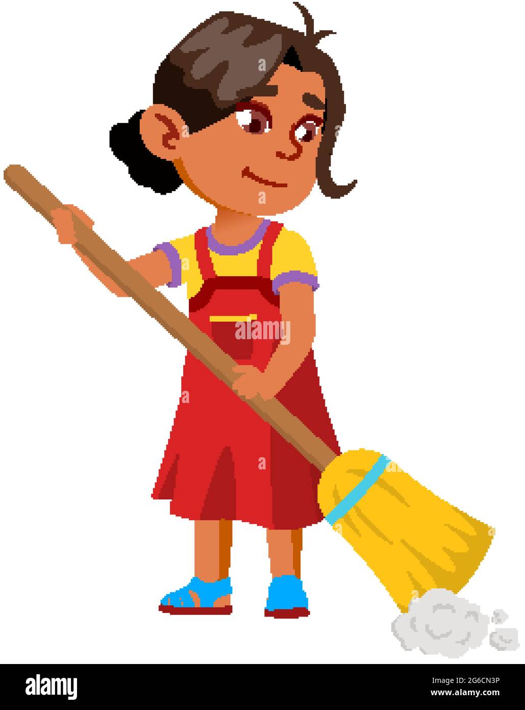 Ragazza bambino spazzare casa pavimento con spazzatura Vector Illustrazione Vettoriale