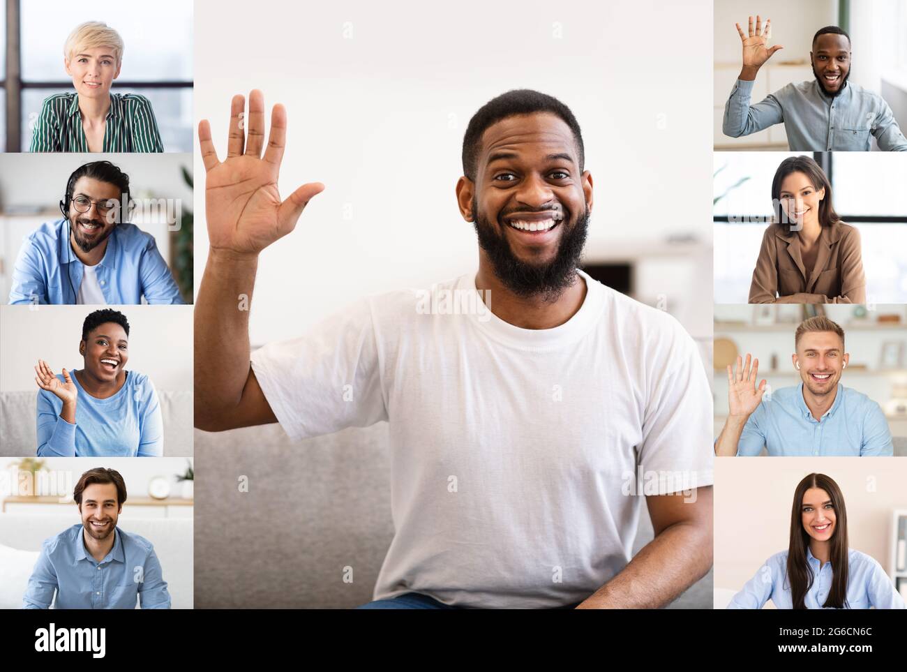 Videochiamata di gruppo. Webcam Screenshot di diverse conferenze Web per uomini e donne Foto Stock