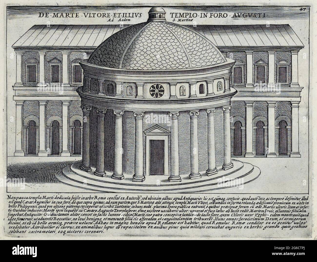 tempio di Marte Ultore, Während der Titel dieses Bildes darauf hinweist, dass es sich um den Tempel des Mars Ultor im Forum des Augustus handelt, sind die Ruinen dieses Tempels gut dokumentiert und ähneln wenig dem hier abgebildeten Rundtempel, historisches Rom, Italien, Splendore di Roma: L'Antica Roma Circa 1625 / Roma storica, Italia, tempio di Marte Ultore, mentre il titolo di questa immagine indica che è il Tempio di Marte Ultor nel Foro di Augusto, le rovine di quel tempio sono ben documentate e non assomigliano al tempio rotondo qui raffigurato, Historisch, histori Foto Stock