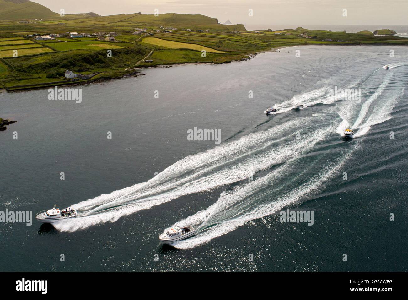 Skellig Michael Cruises flotta di 6 barche, che portano i turisti alle Skellig Rocks. Portmagee, Contea di Kerry, Irlanda Foto Stock