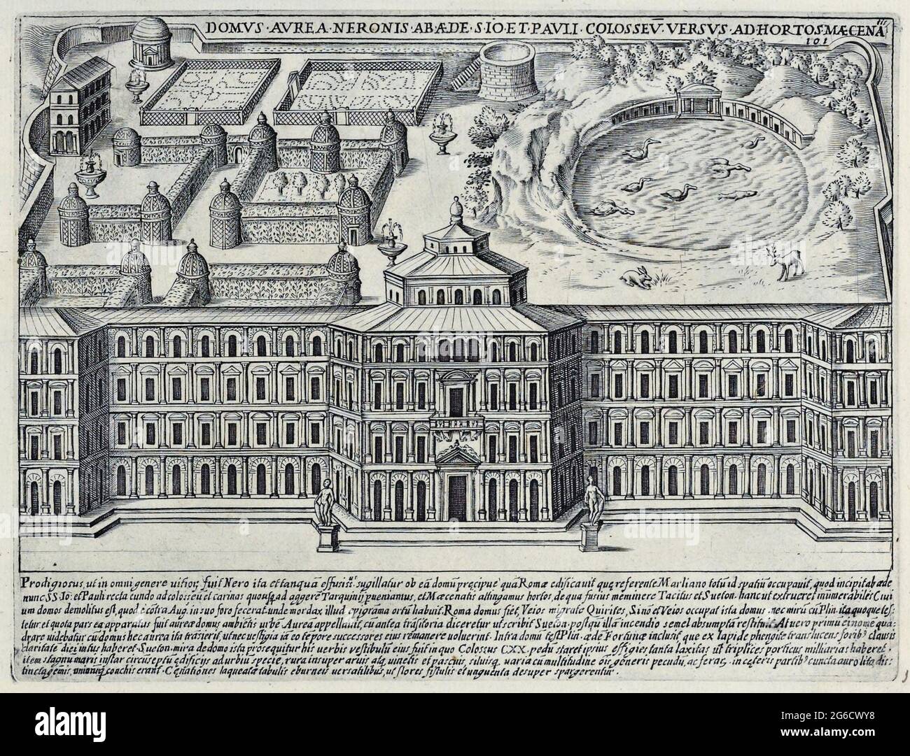 'Domus Aurea Neronis Abaede S. io et Pauli Colosseo versus ad Hortos Maecena, Das Domus Aurea oder ''Goldenes Haus'' war eine große Landschaftsvilla, die von Kaiser Nero erbaut wurde. Erbaut nach dem Großen Brand von 64 n. CHR., lag das Haus im Herzen des Antiken ROM, historisches Rom, Italien, splendido dell' Antica Roma: Gli splendori di Roma, circa 1625 / Roma storica, Italia, Domus Aurea Neronis Abaede S. io et Pauli Colosseo contro ad Hortos Maecena, la Domus Aurea o ''Casa d'Oro'' era una grande villa paesaggistica costruita dall'Imperatore Nerone. Costruito dopo il grande incendio del 64 d.C., l'ho Foto Stock