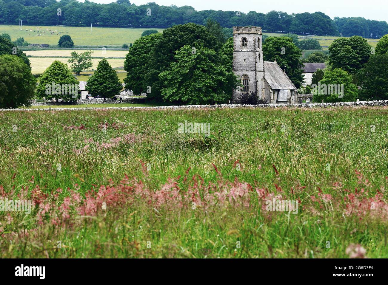Vista sull'erba lunga nel campo della chiesa parrocchiale del villaggio di Peak District - St Thomas's Church, Biggin, Derbyshire, Inghilterra, Regno Unito Foto Stock