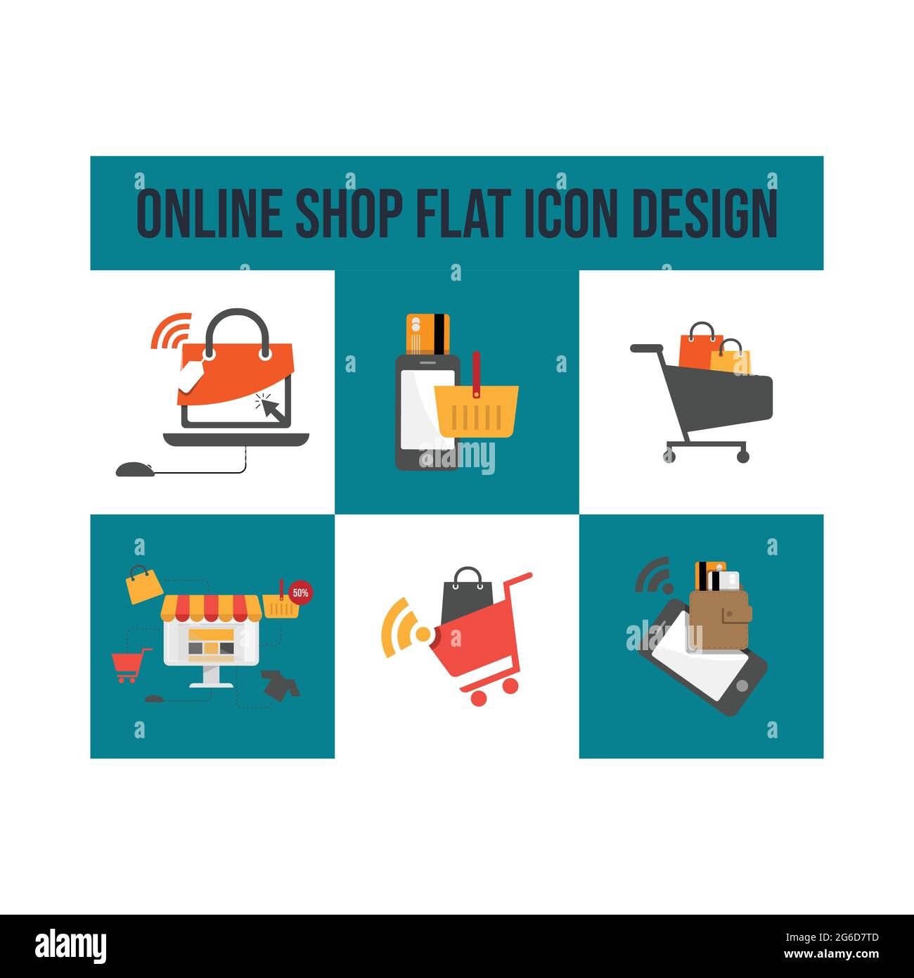 E-commerce e Shopping online icone. Collezione di design piatto. Vettore creativo di processo e-business con icone piatte, progettazione infografica di e-commerce Illustrazione Vettoriale