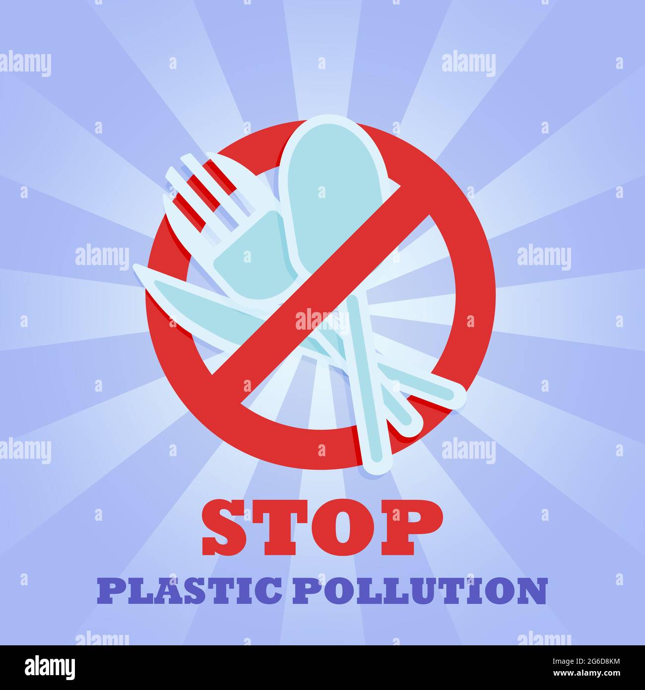 Coltello a cucchiaio in plastica e forcella. Cartello di divieto. Nessun simbolo. Banner. Arrestare l'inquinamento della plastica. Foto Stock