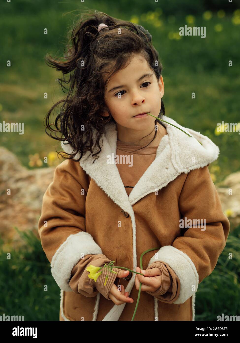 Adorabile pensiva piccola ragazza ispanica in cappotto caldo con fiore fiorito in mano e erba verde in bocca in piedi in natura in primavera giorno Foto Stock