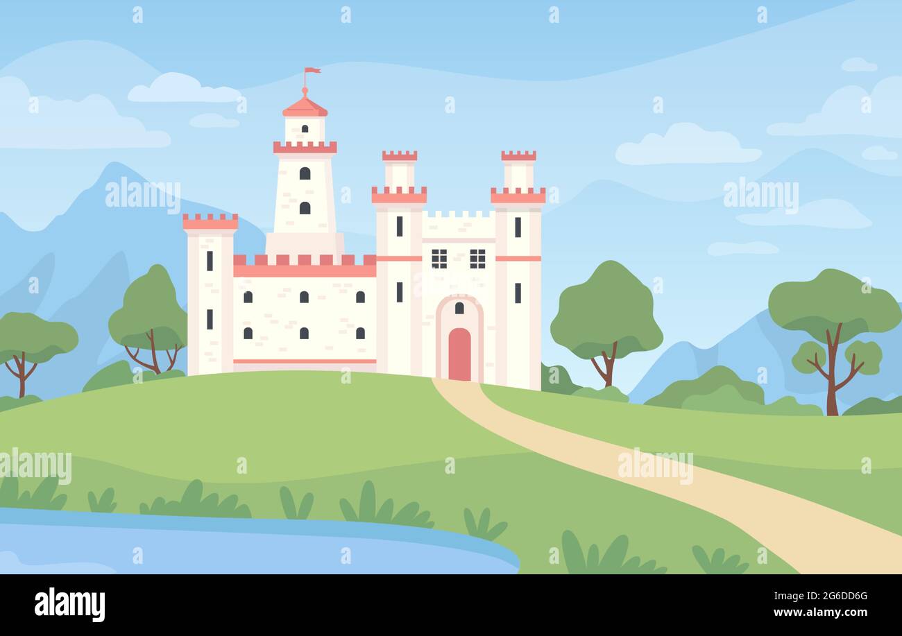 Paesaggio con castello medievale. Cartoon fantasy palazzo reale con torri. Antico palazzo del regno, prato verde, stagno e cielo blu scena vettoriale Illustrazione Vettoriale